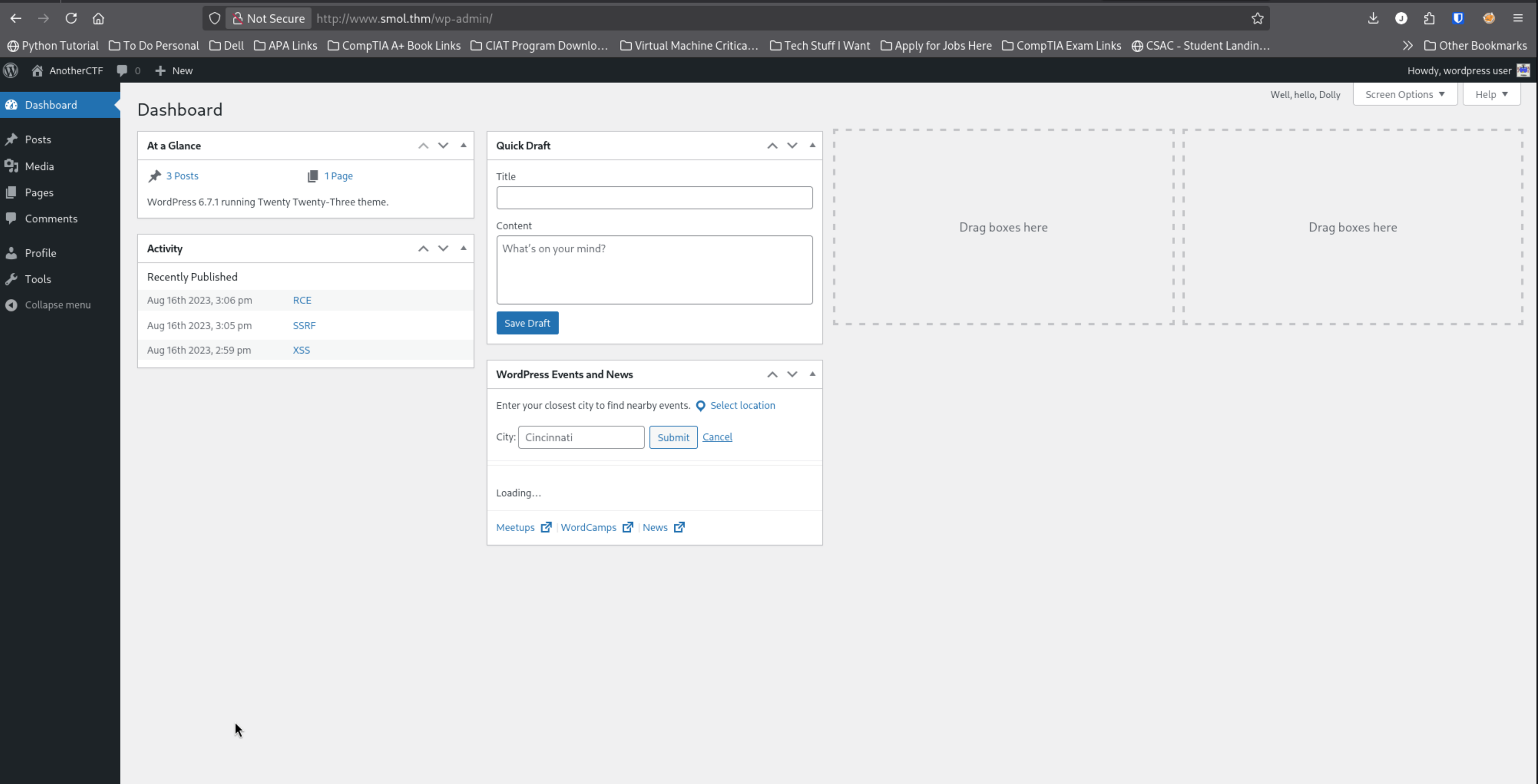 Authenticated WordPress administrator dashboard showing the Hello Dolly clue